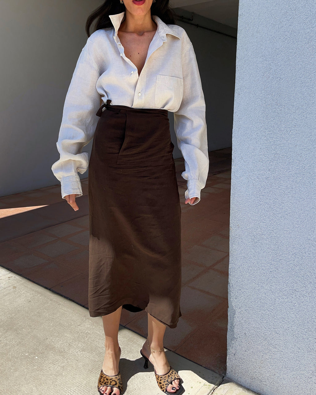 Wrap linen midi skirt