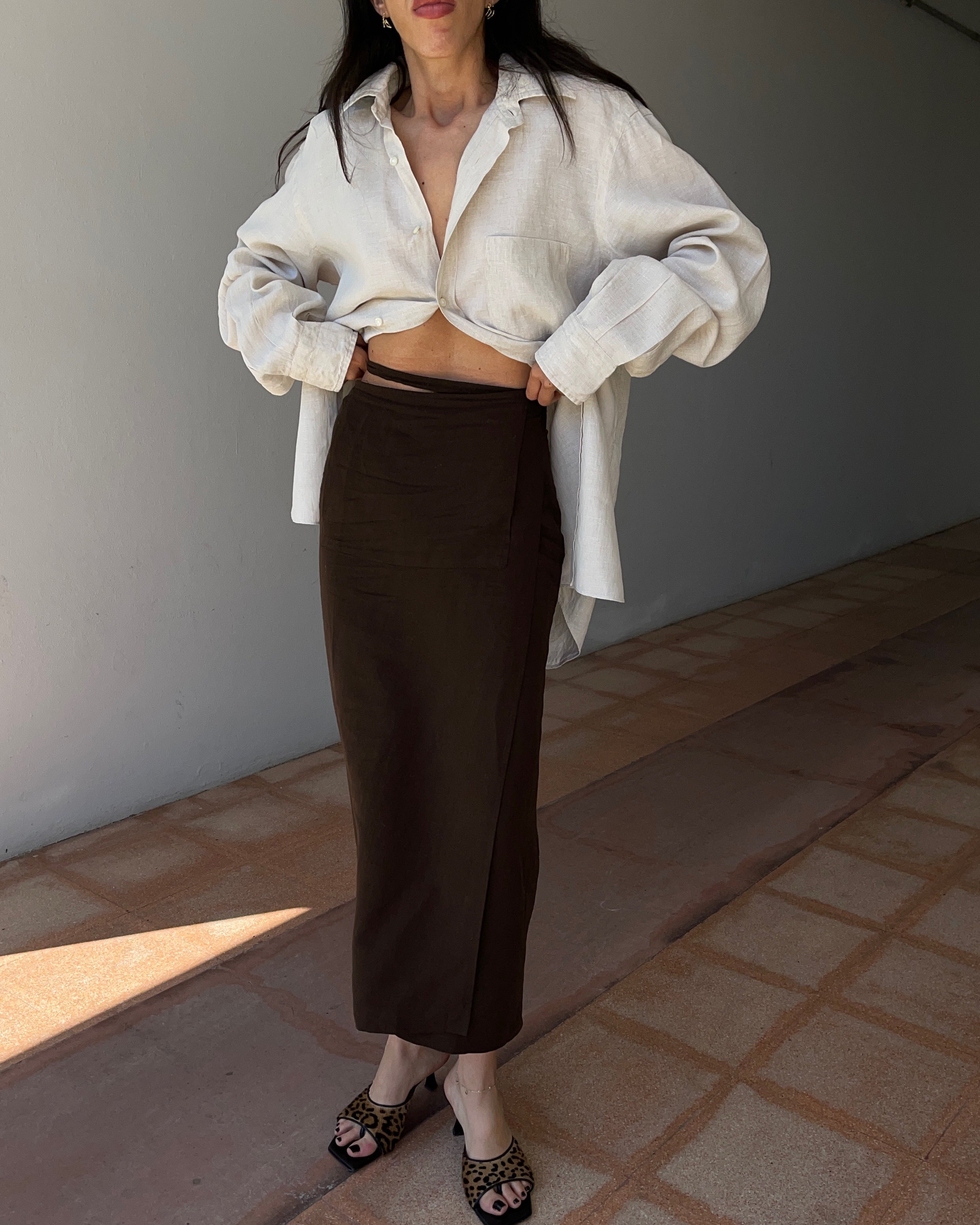 Wrap linen midi skirt