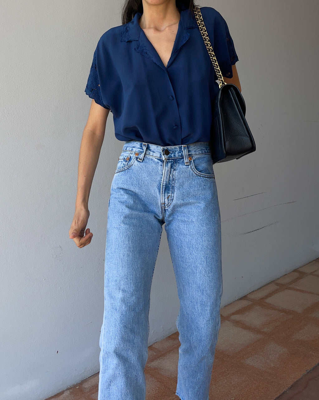 Blue silk short sleeve shirt