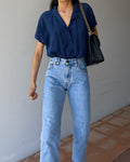 Blue silk short sleeve shirt