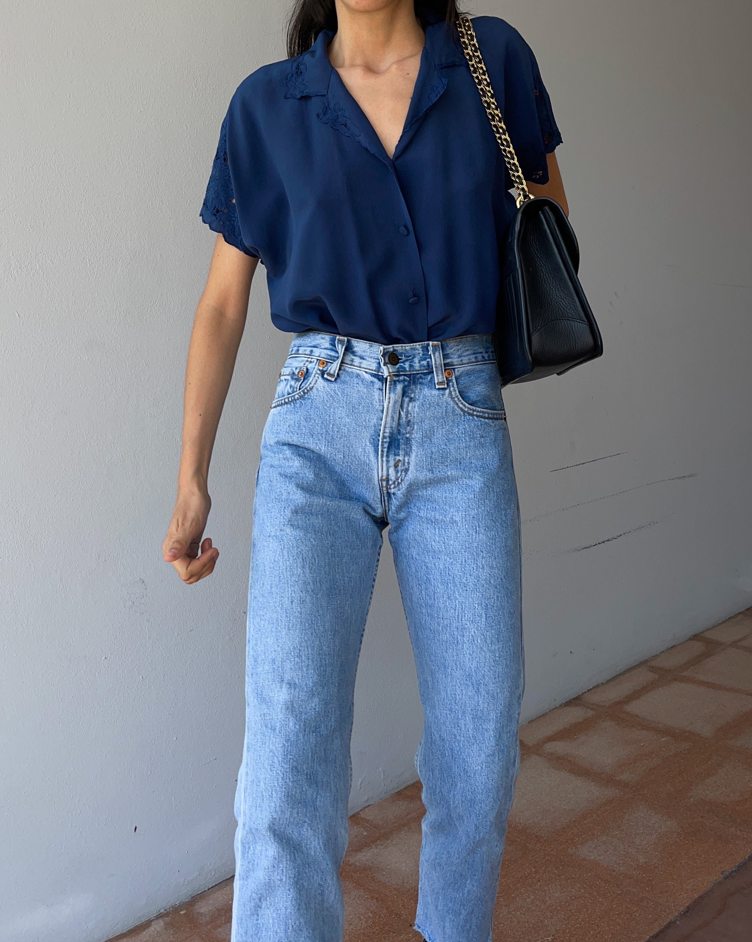 Blue silk short sleeve shirt