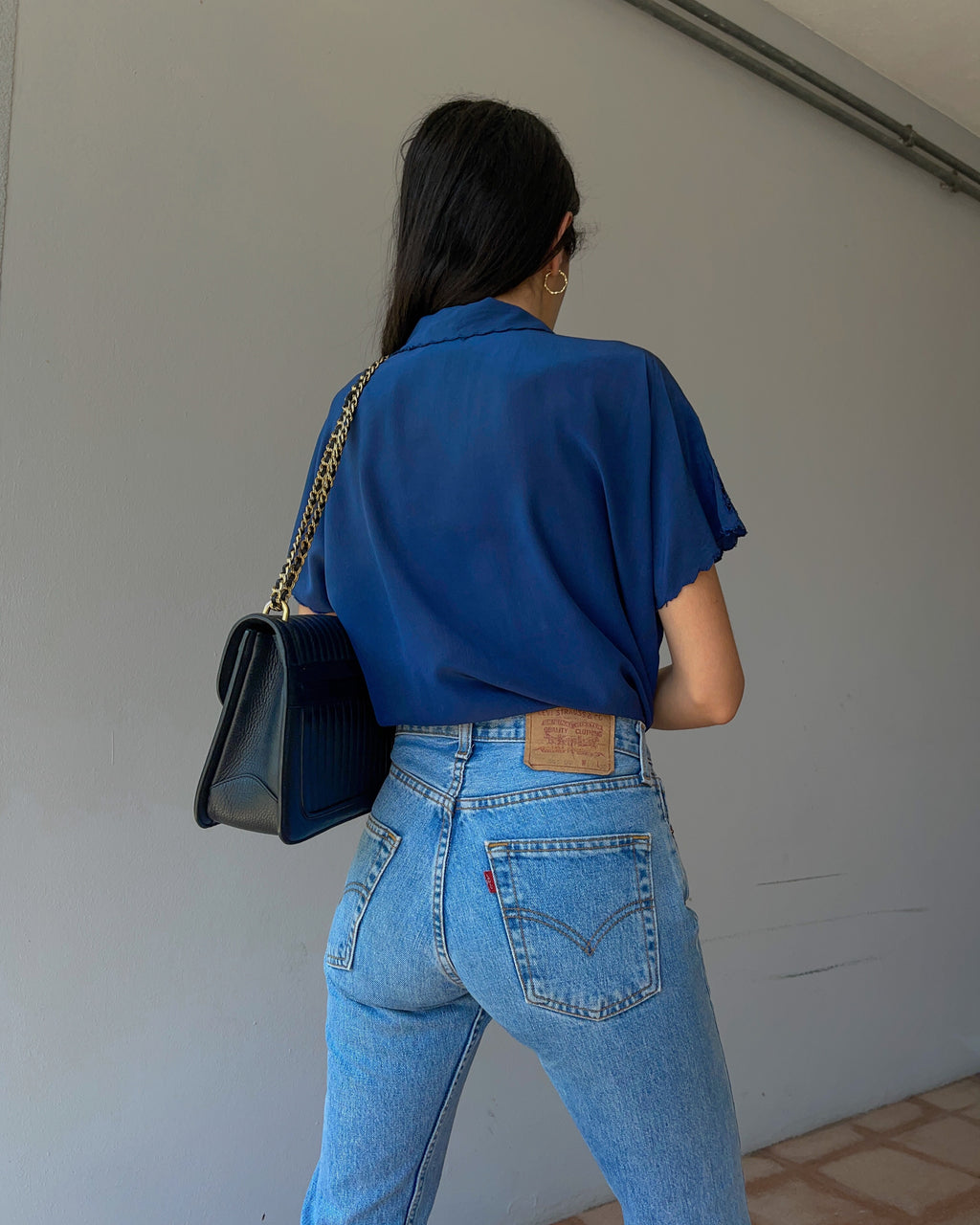 Blue silk short sleeve shirt