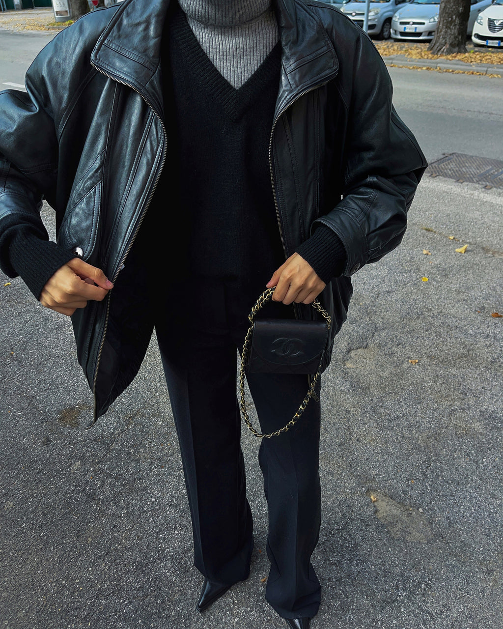 Black leather bomber jacket