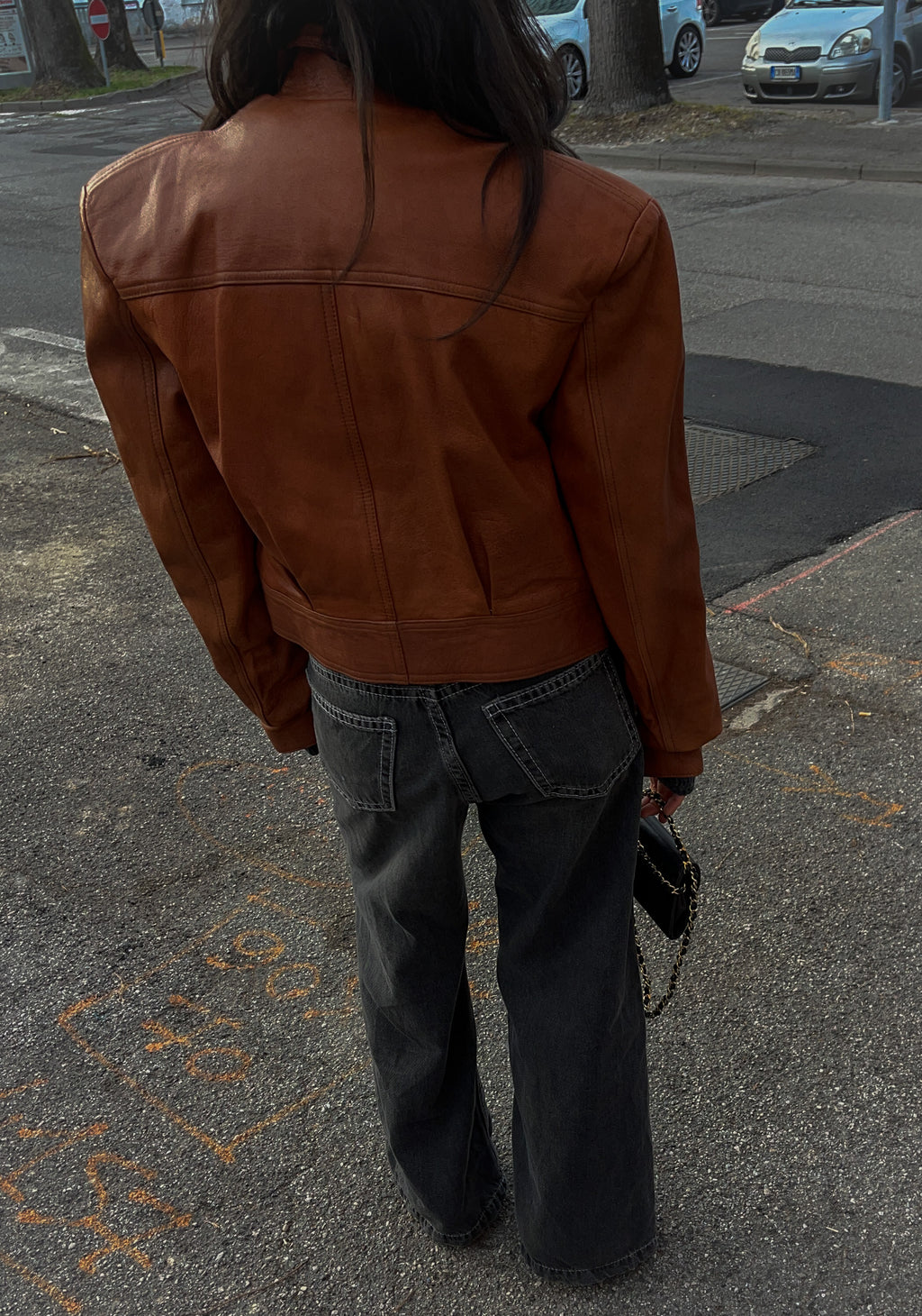 Cropped cognac leather jacket