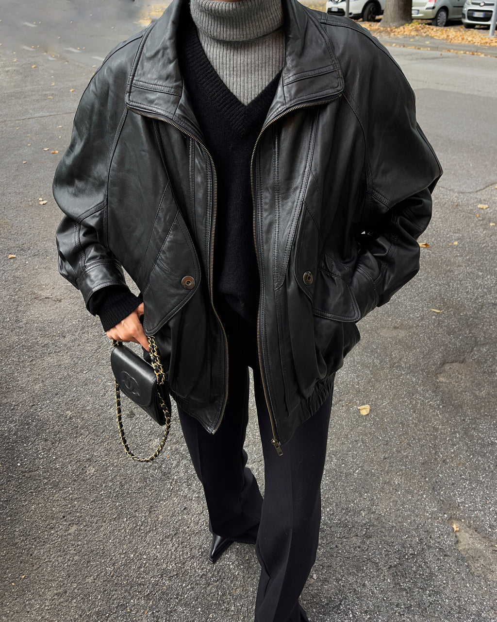 Black leather bomber jacket