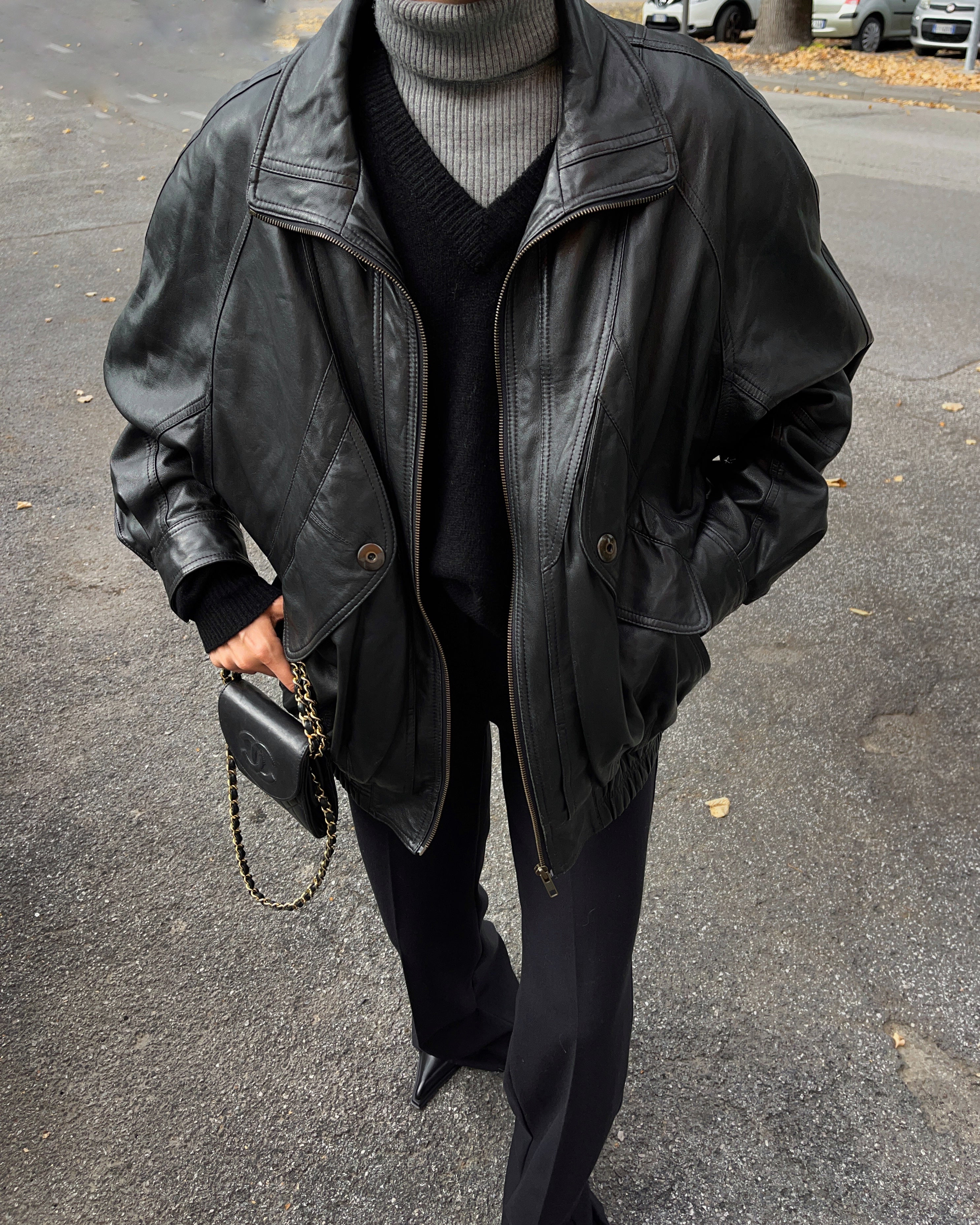 Black leather bomber jacket