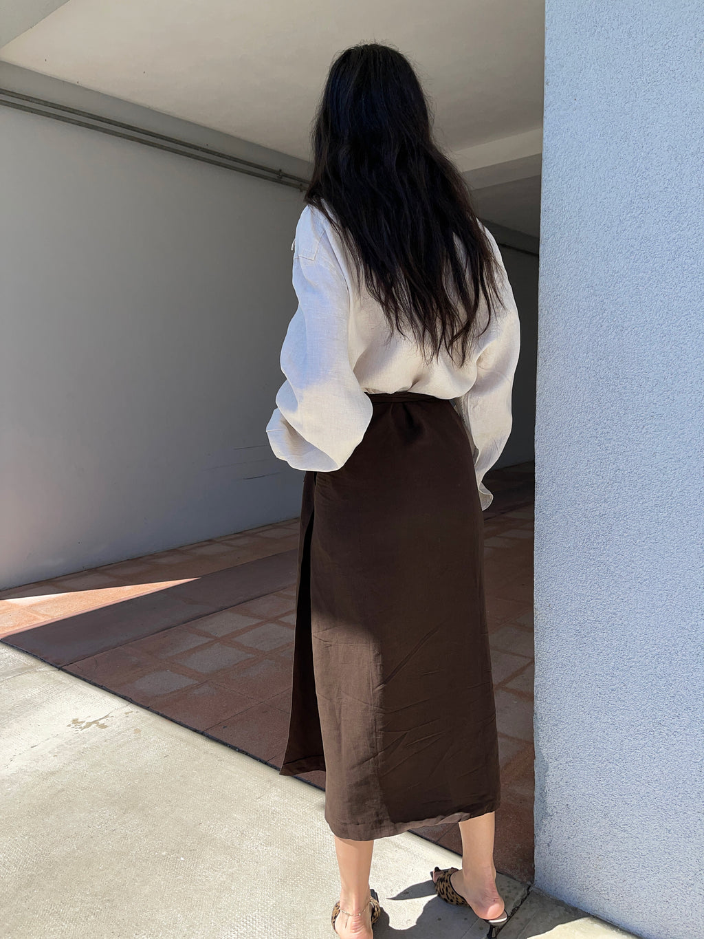 Wrap linen midi skirt