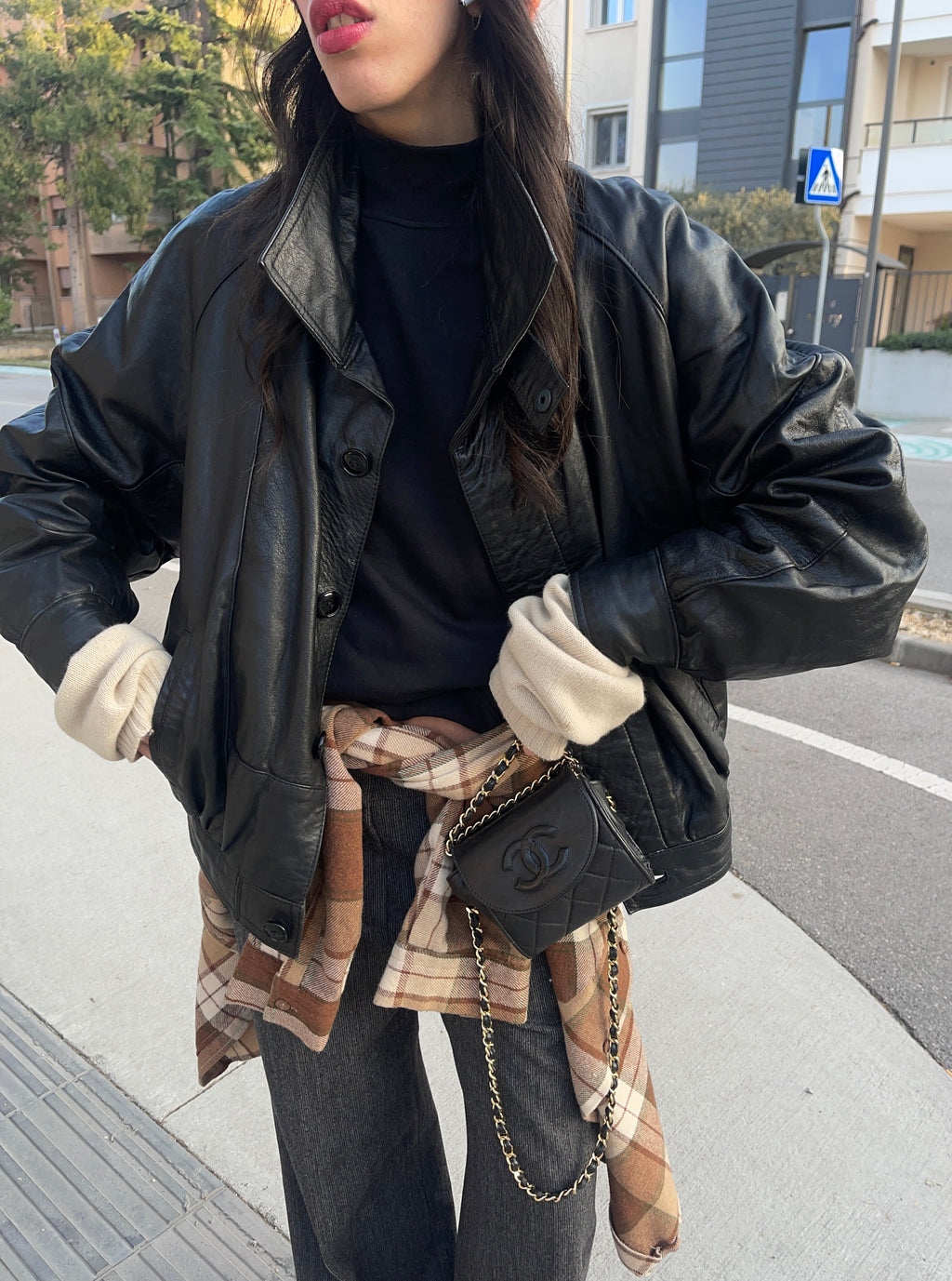 Black leather bomber jacket