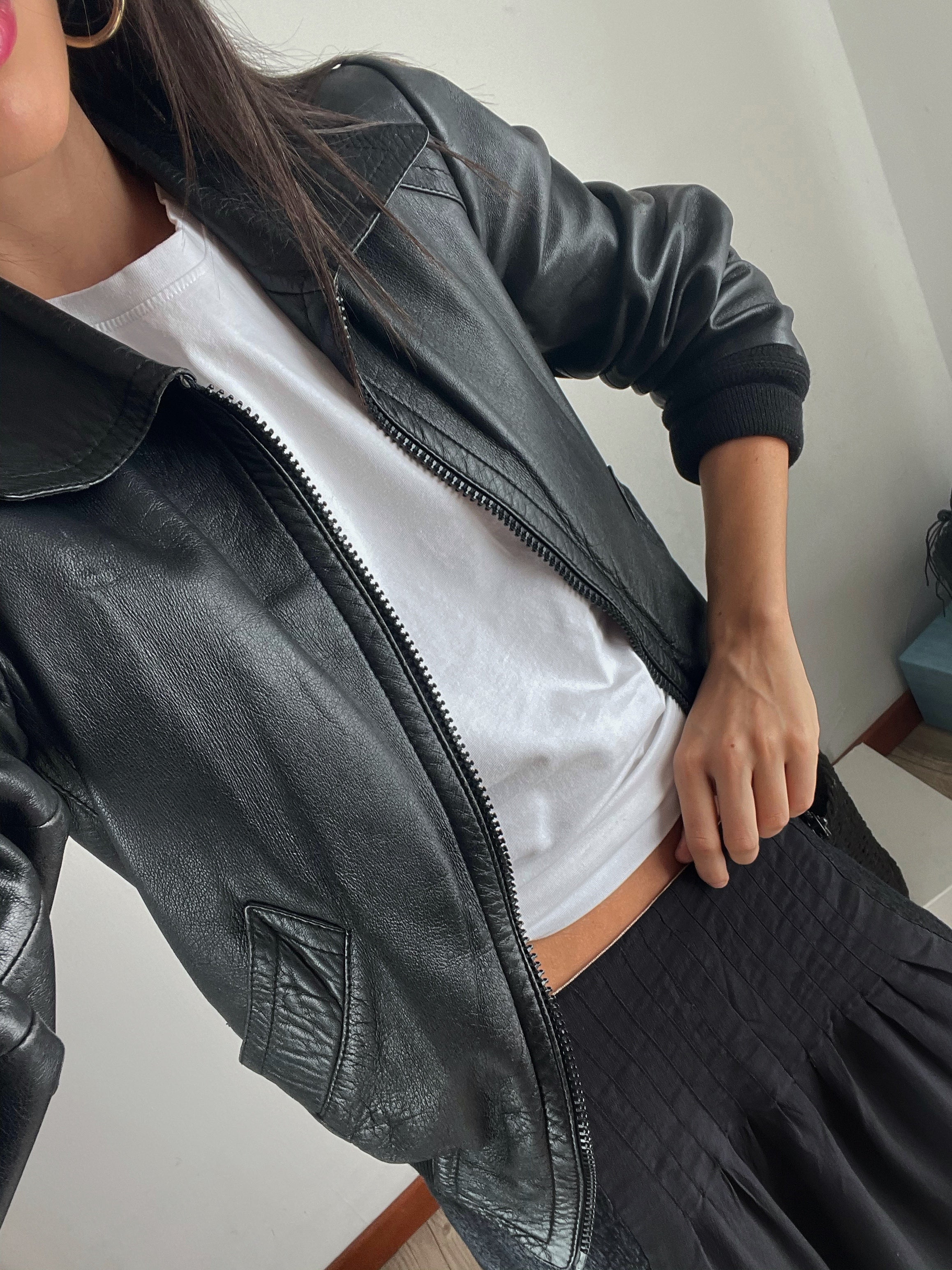 Crop leather bomber jacket