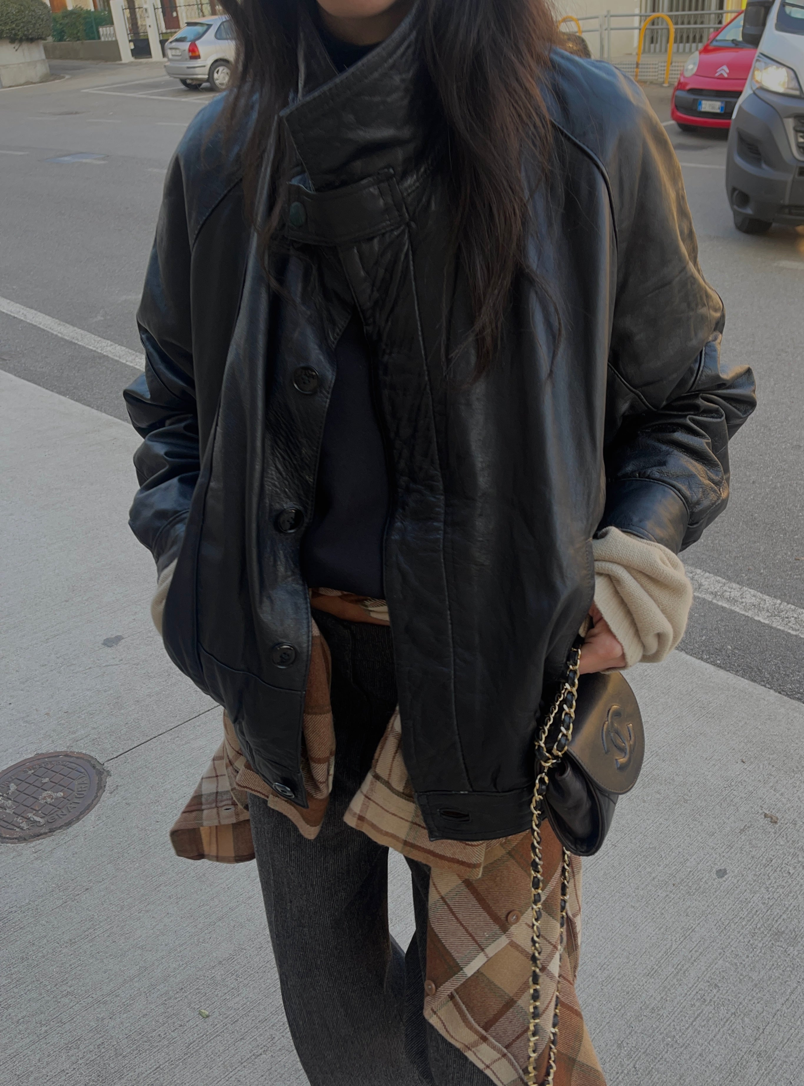 Black leather bomber jacket