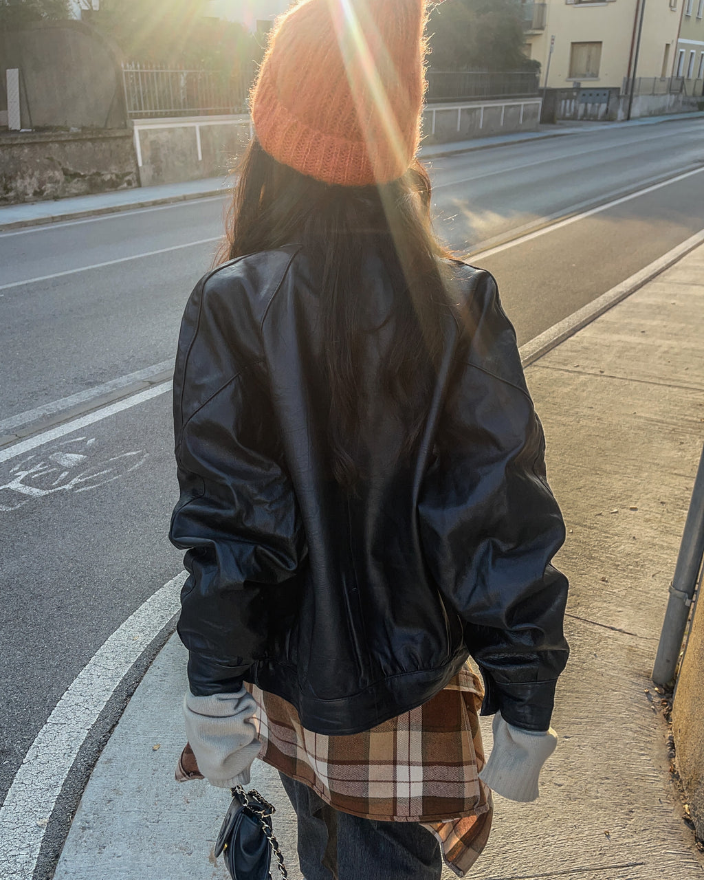 Black leather bomber jacket