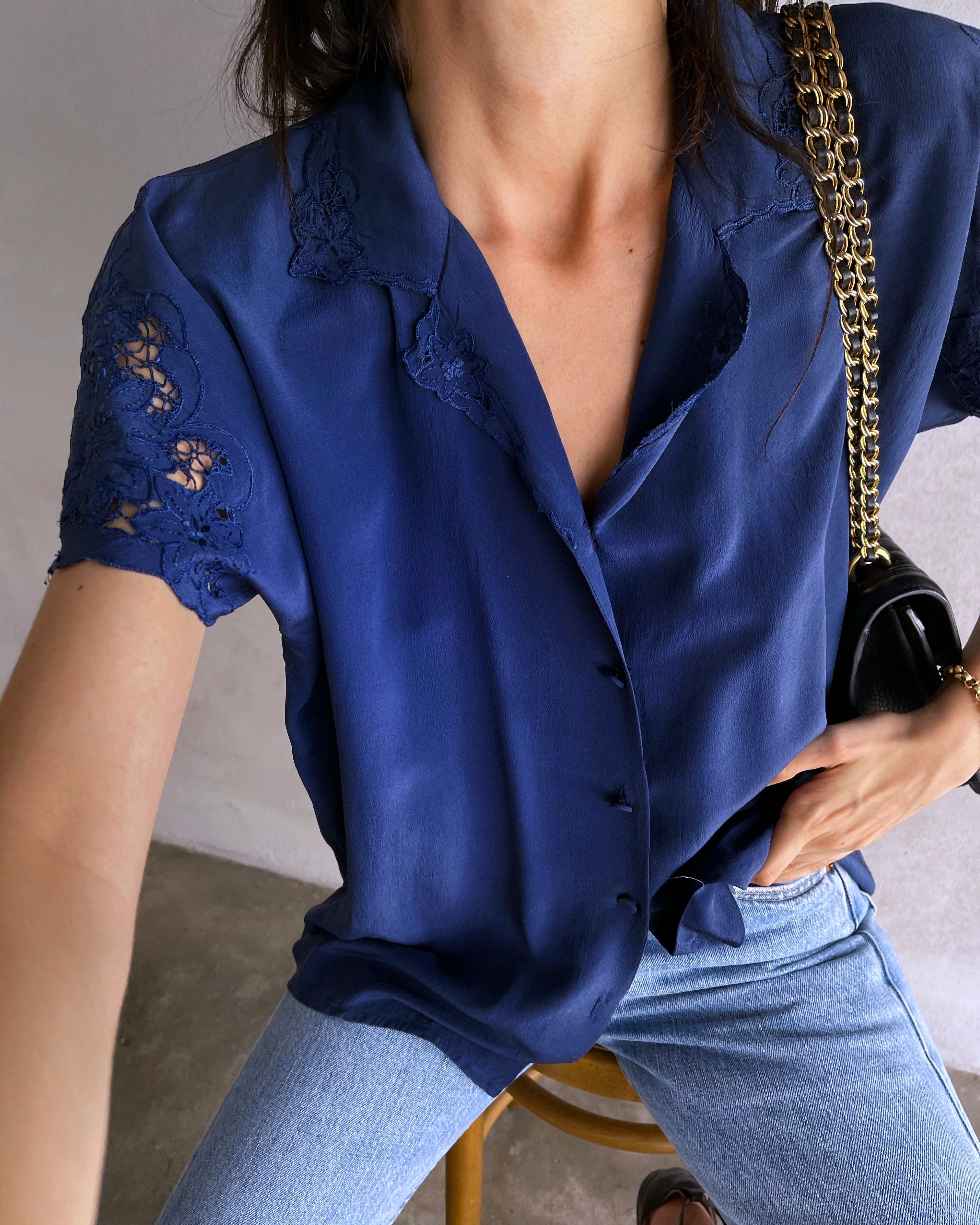 Blue silk short sleeve shirt