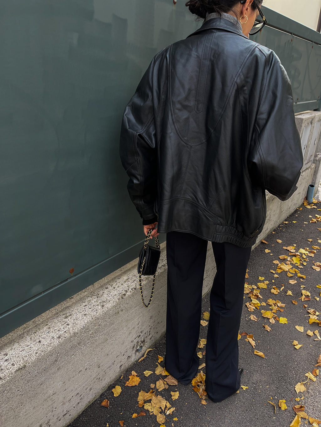 Black leather bomber jacket