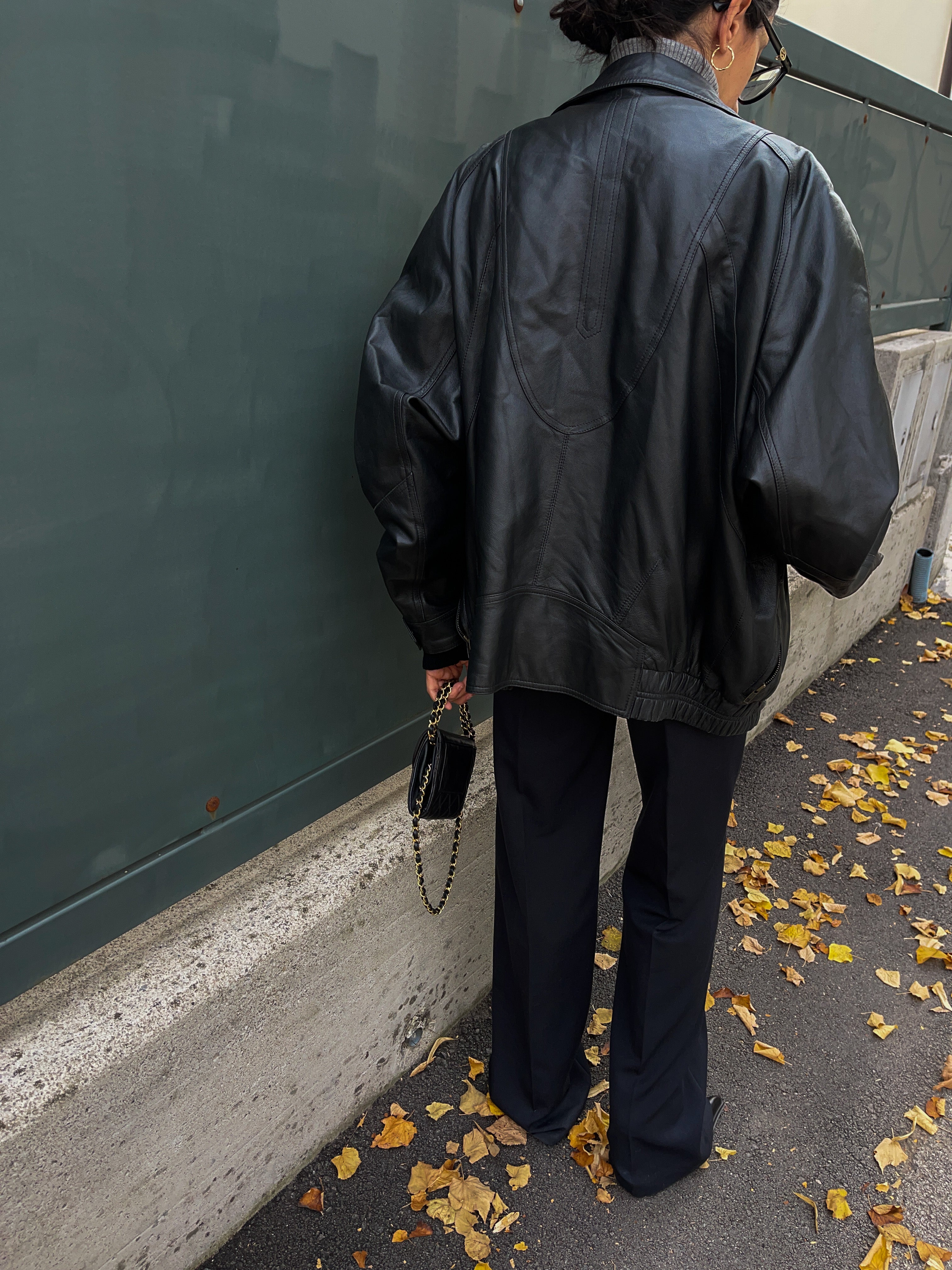 Black leather bomber jacket