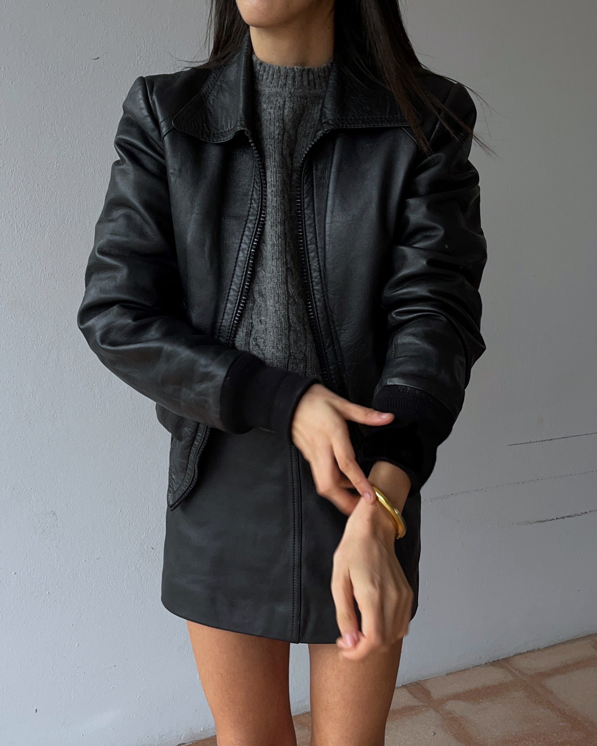 Crop leather bomber jacket