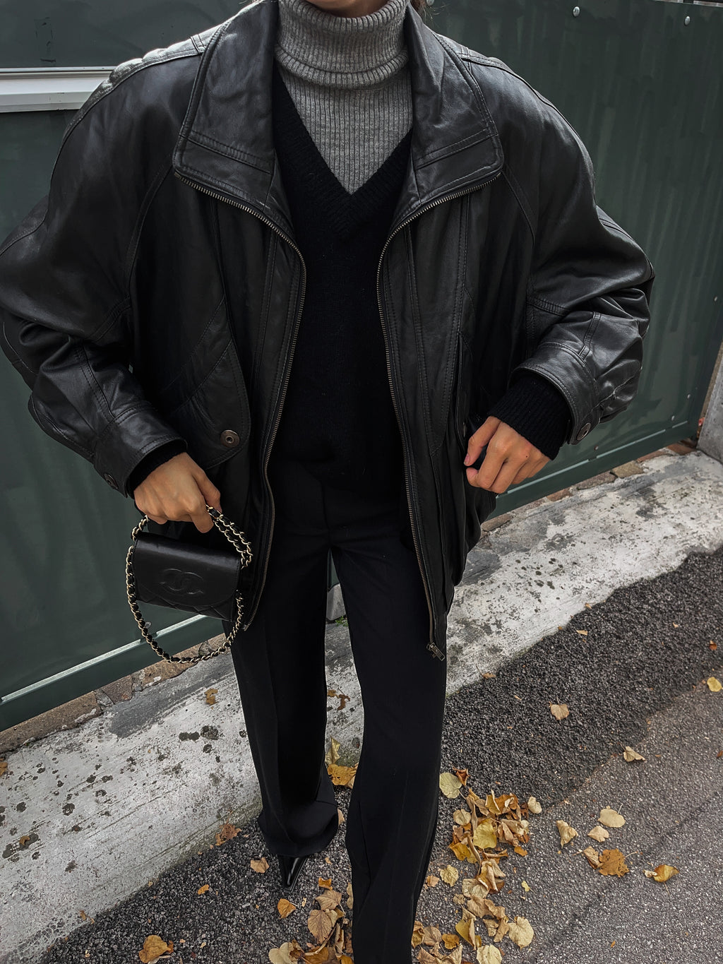 Black leather bomber jacket