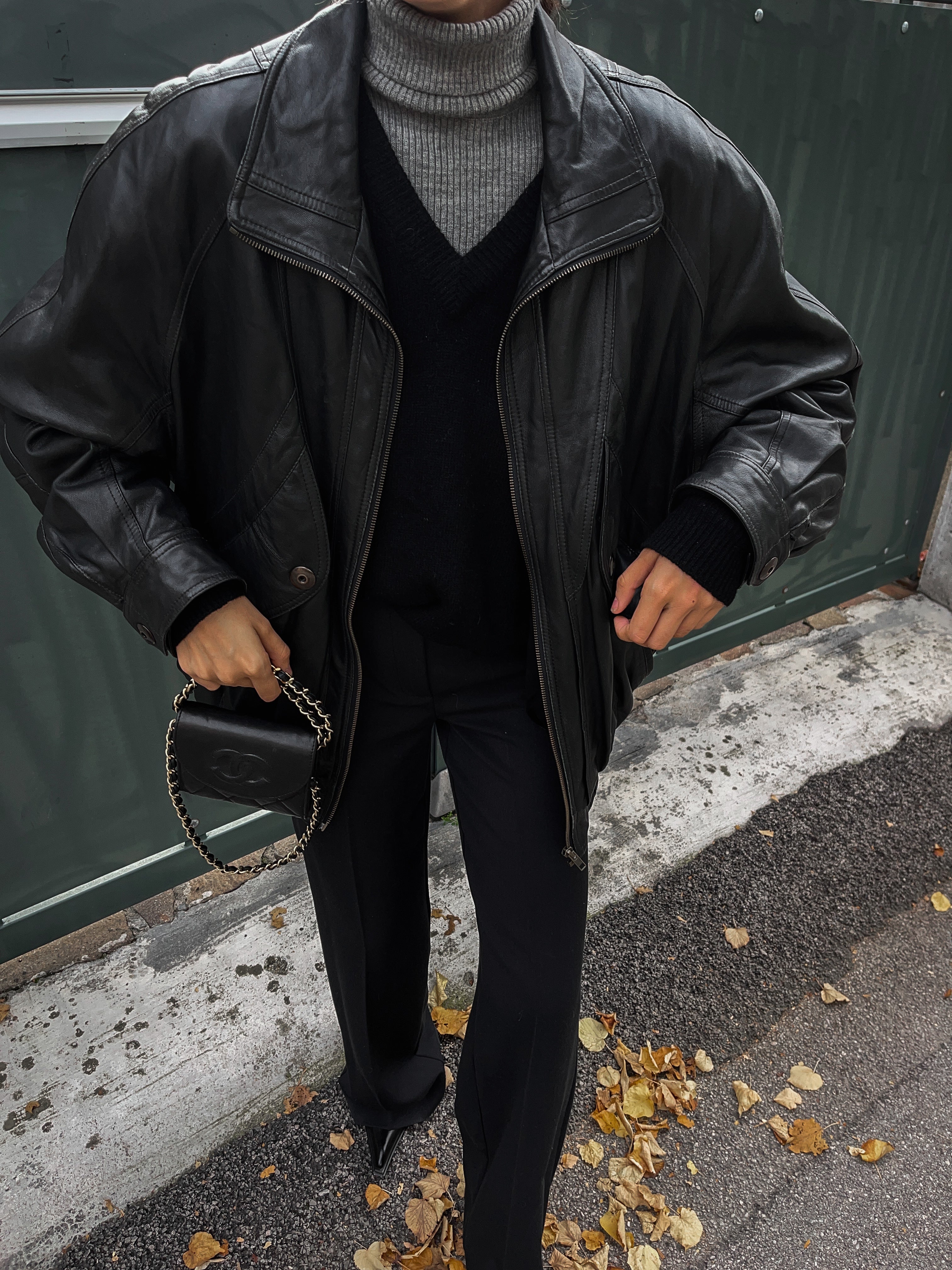 Black leather bomber jacket