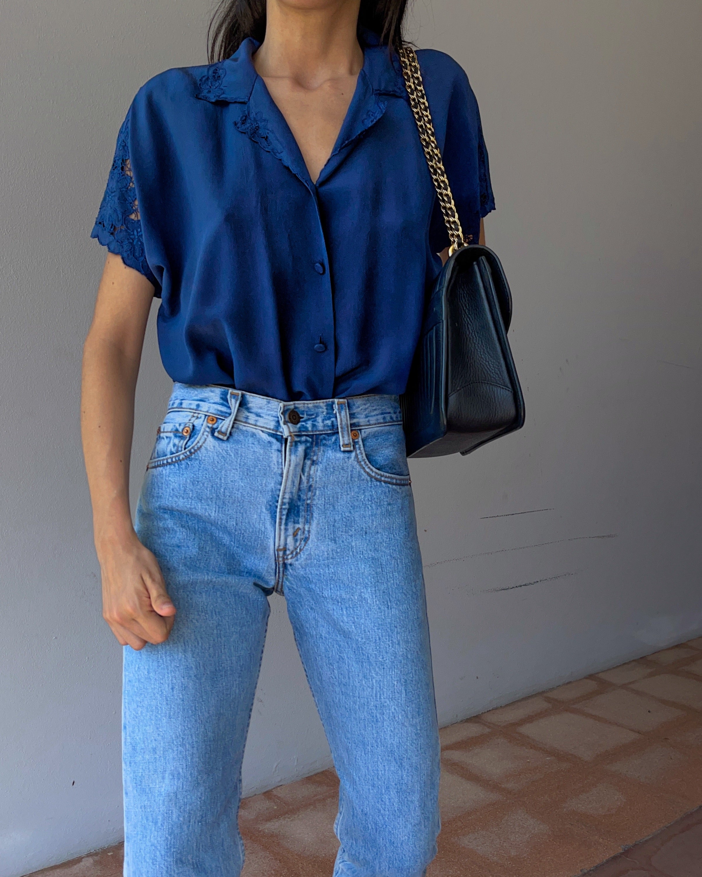 Blue silk short sleeve shirt
