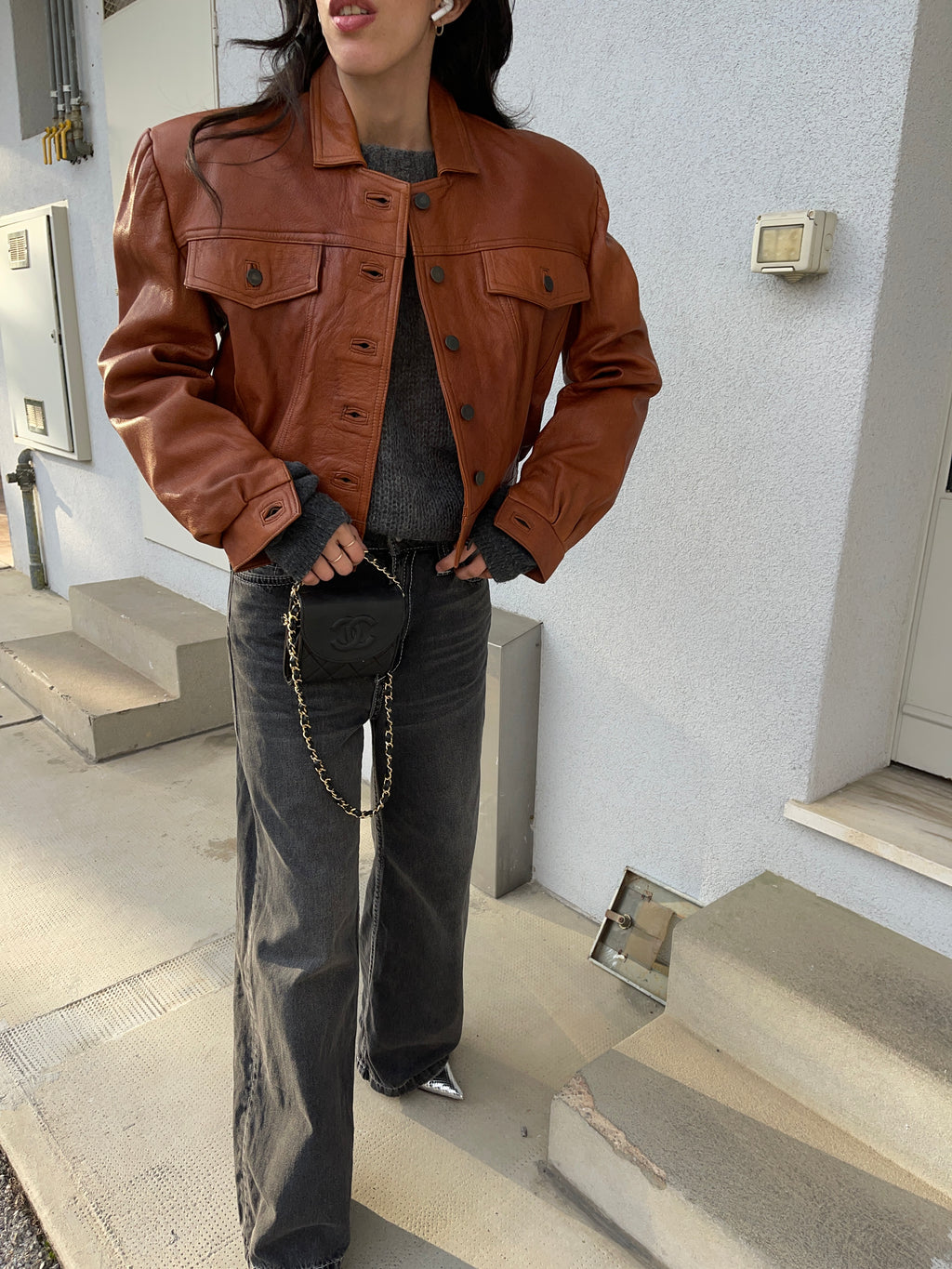 Cropped cognac leather jacket