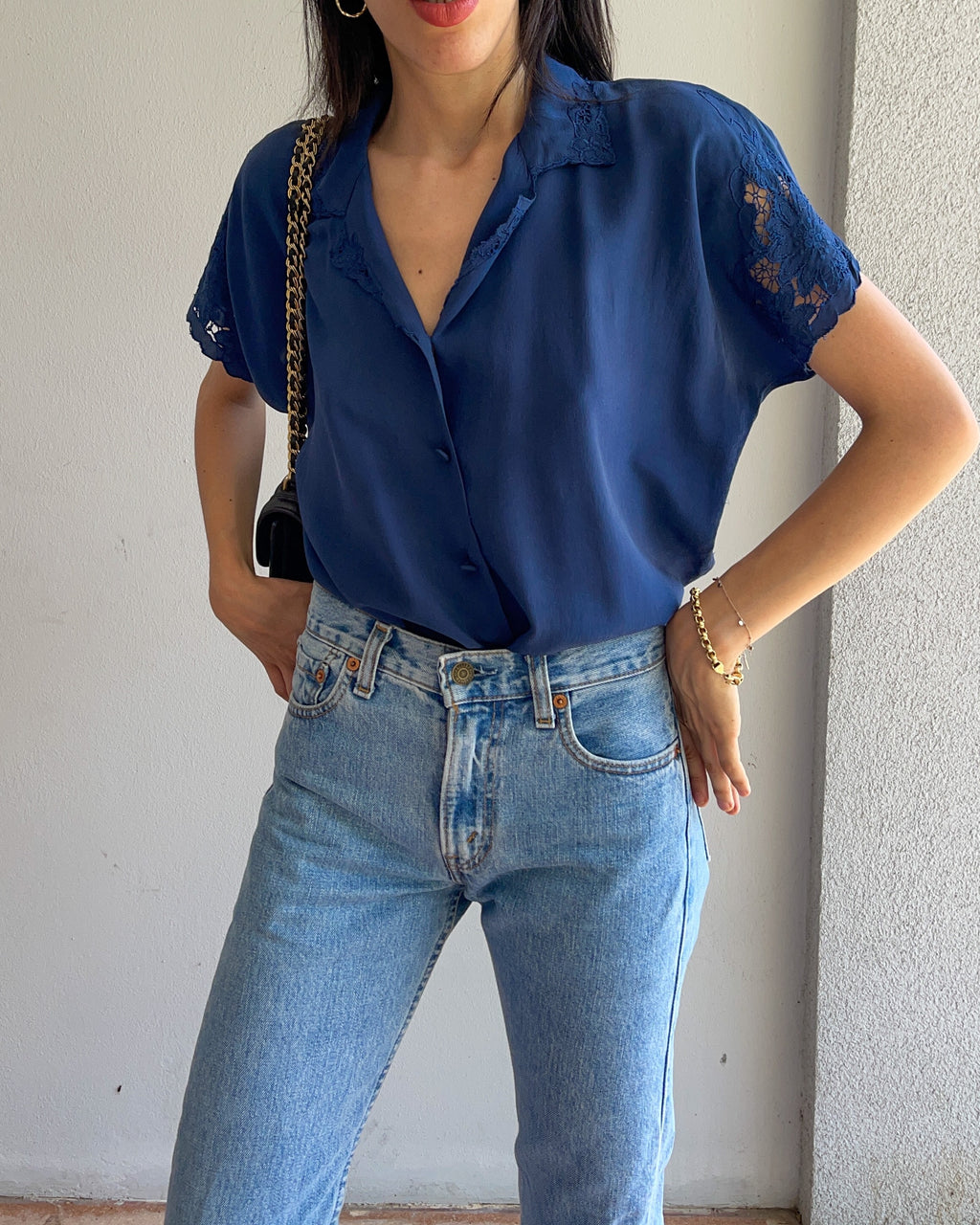 Blue silk short sleeve shirt