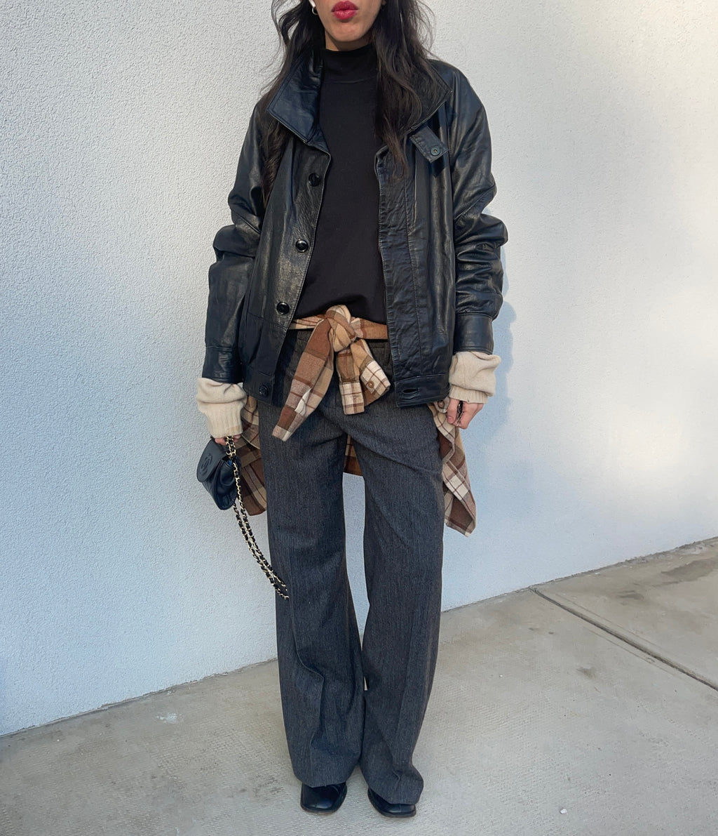 Black leather bomber jacket