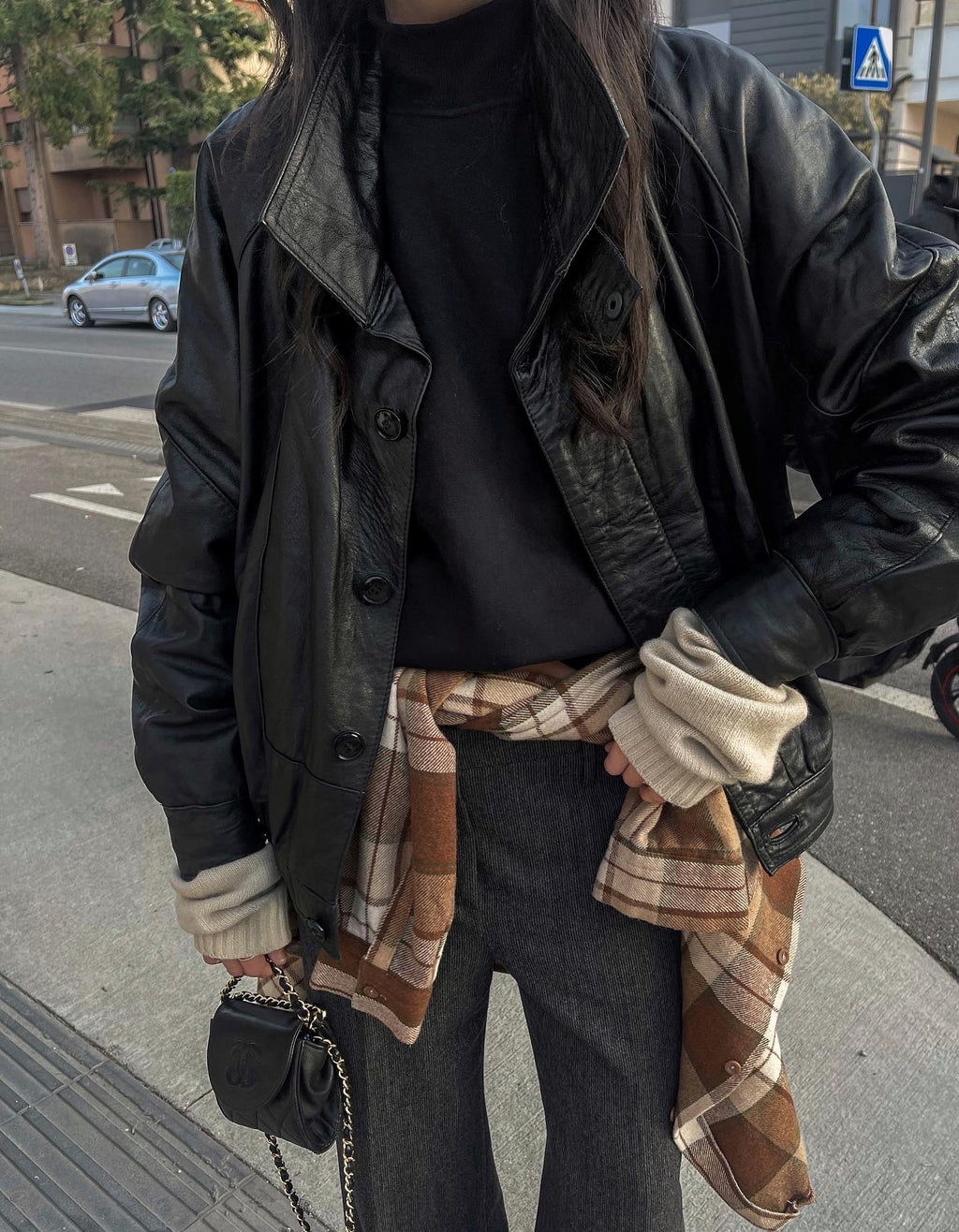 Black leather bomber jacket