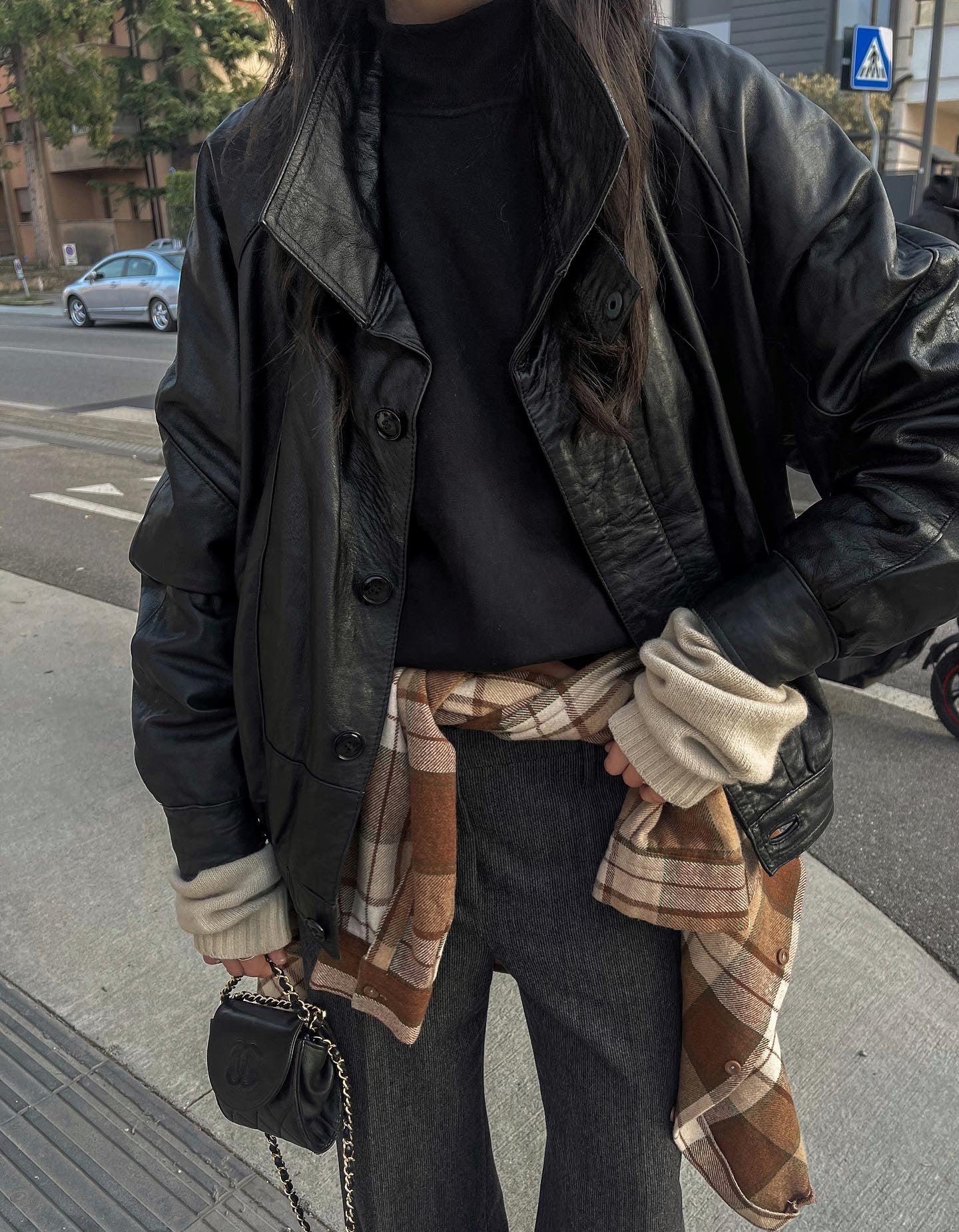 Black leather bomber jacket